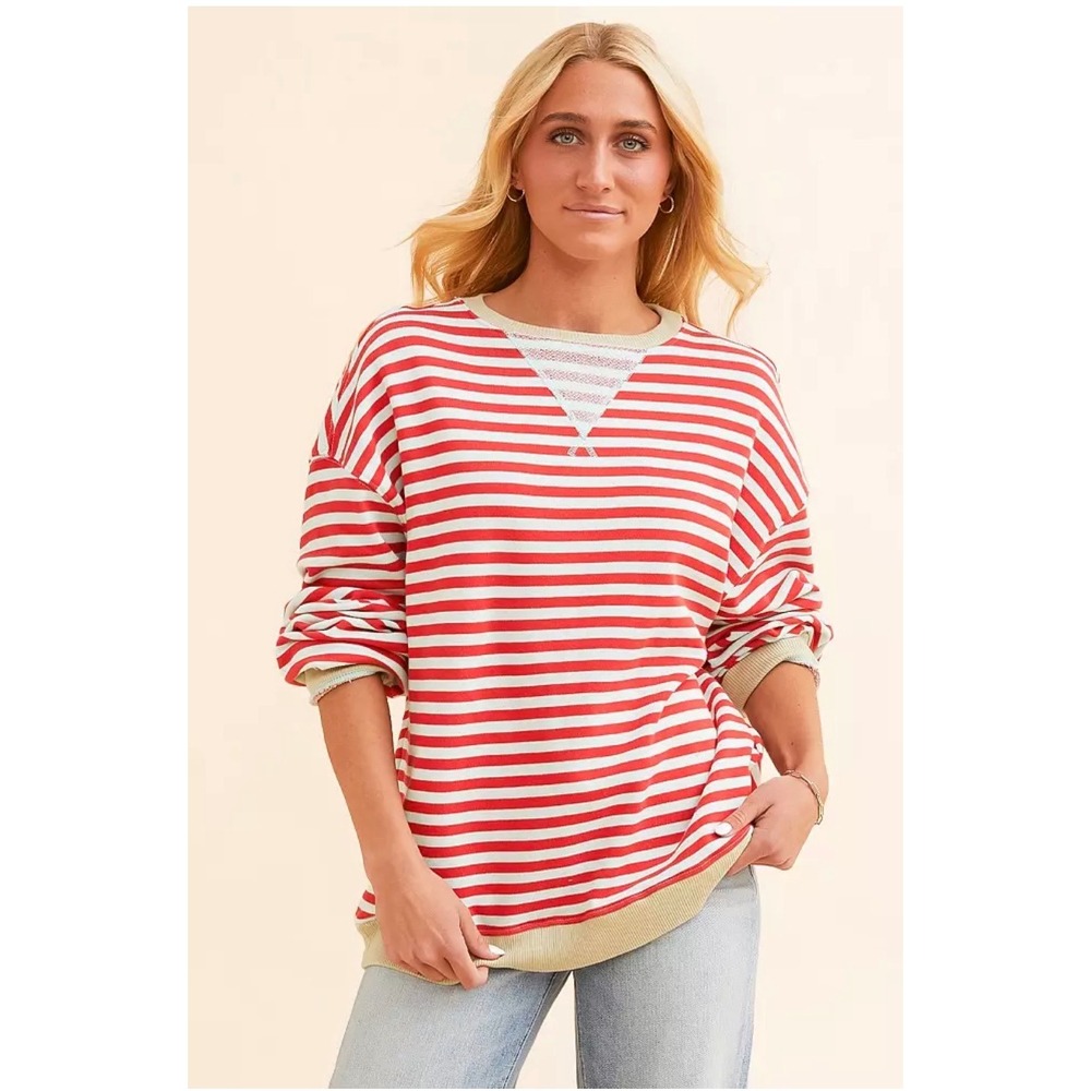We The Free Sweatshirt Women Large Red White Striped Excellent Oversized Crew